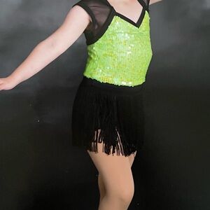 Weissman Lime Sequin and Black Fringe Dance Costume